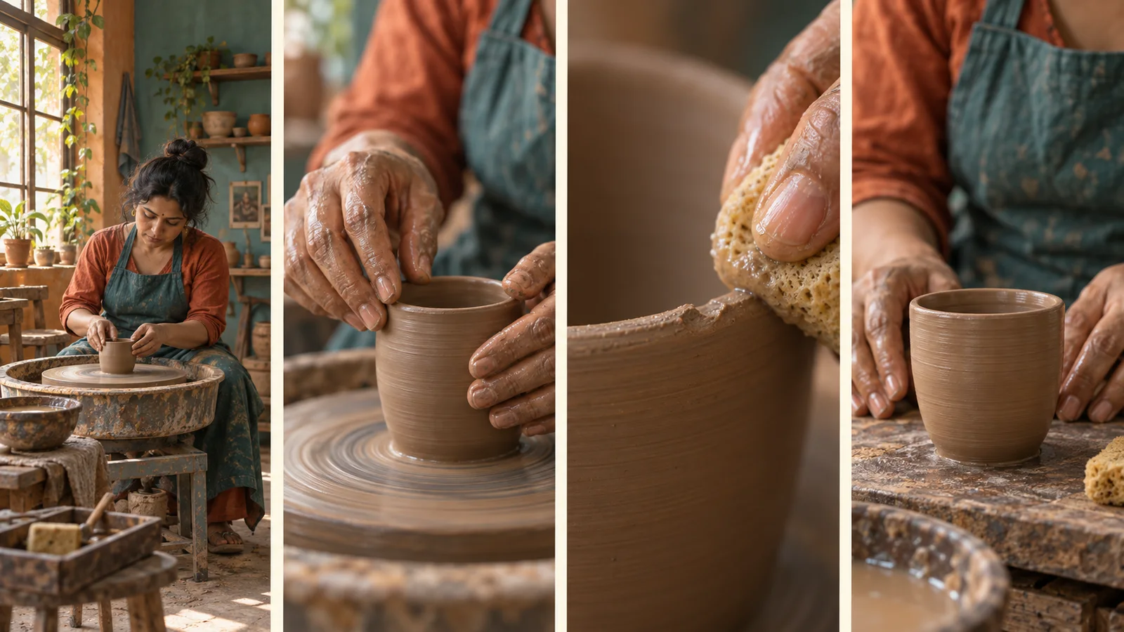 Four-panel storyboard showing a pottery workshop, hands shaping a cup, a sponge smoothing the rim and the finished wet-clay form.