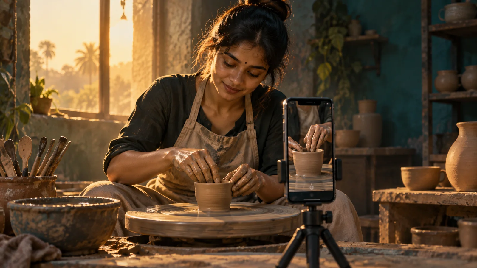 Illustration of an Indian potter shaping a clay cup while a smartphone records the process in warm window light.