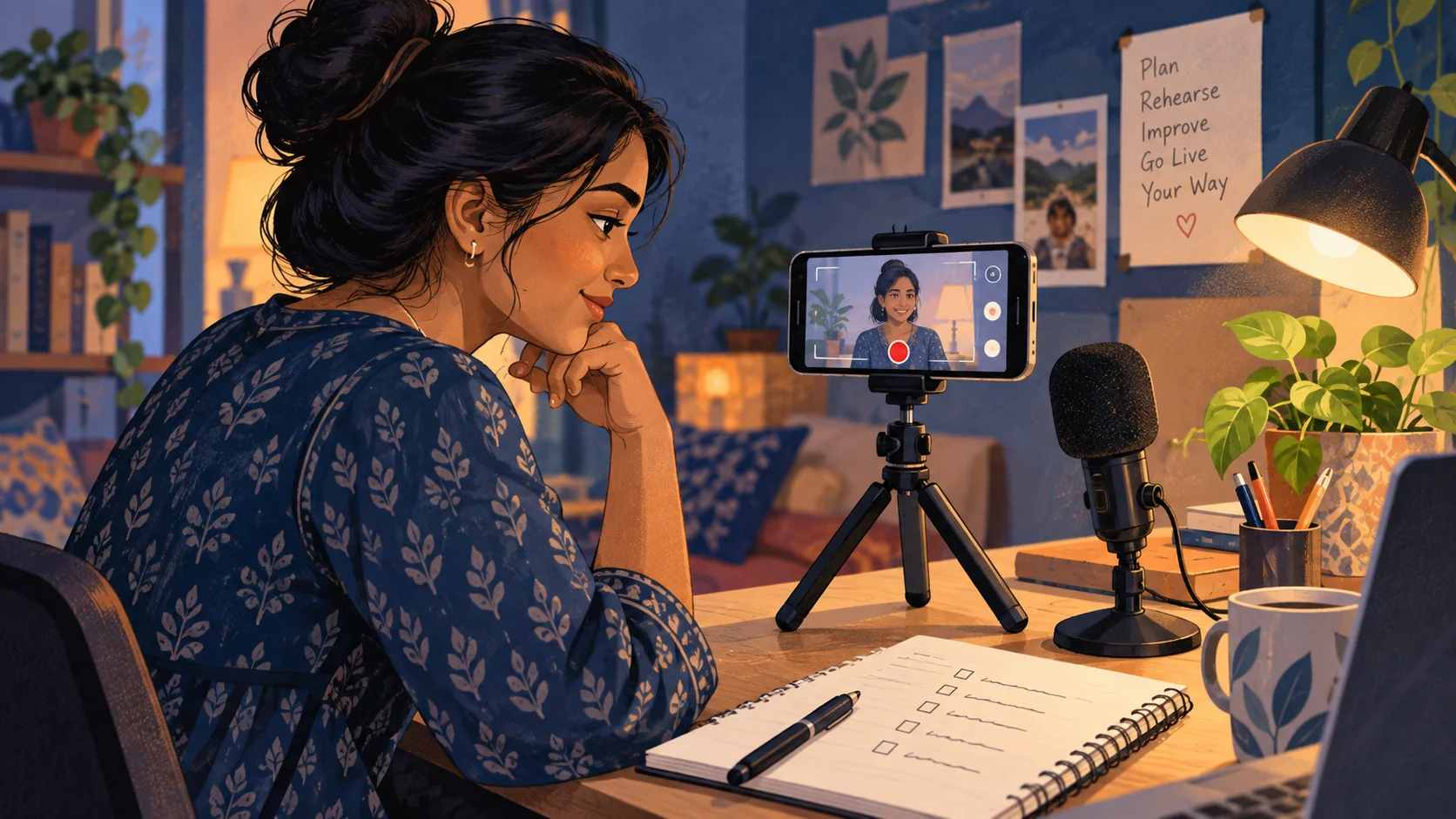 Illustration of a creator rehearsing a livestream with a phone, microphone and written checklist.