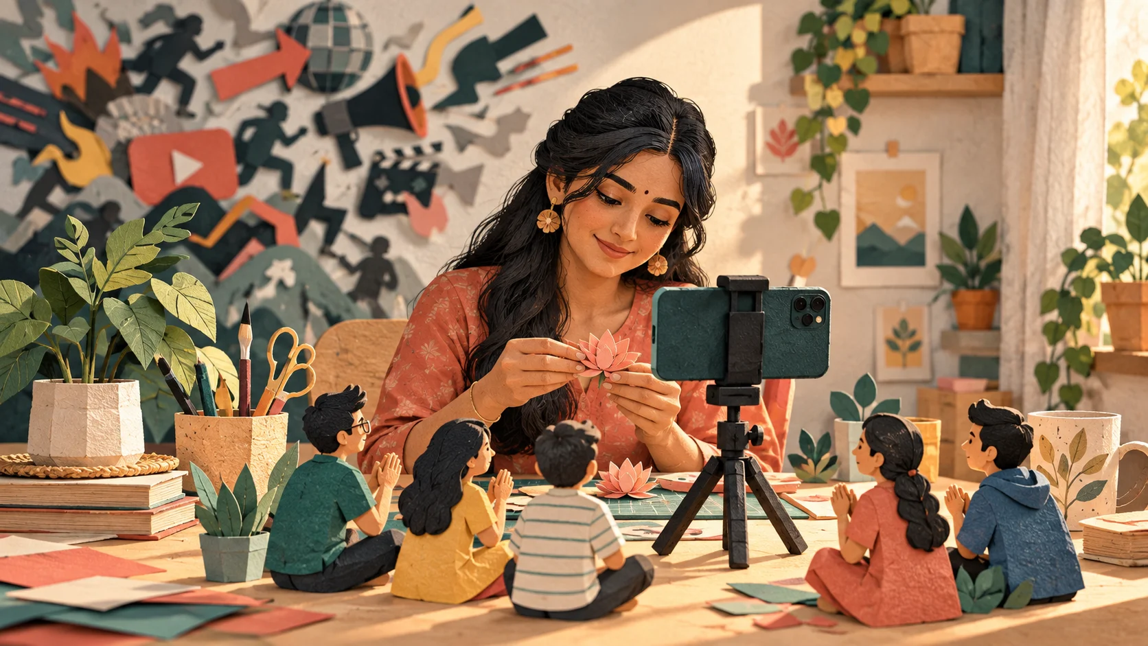 Illustration of a craft creator recording a paper-flower tutorial, with a small model audience representing her niche community.